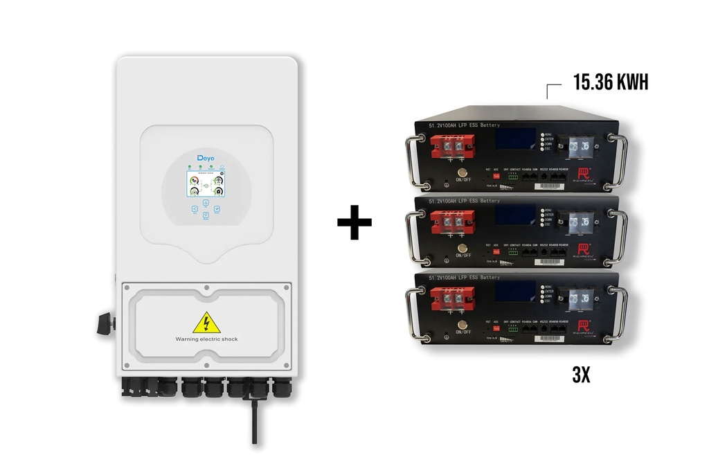 Pakket DEYE 6 kW 1-fase Hybride omvormer + 3x Richaccu opslagbatterijen 15.36kWh