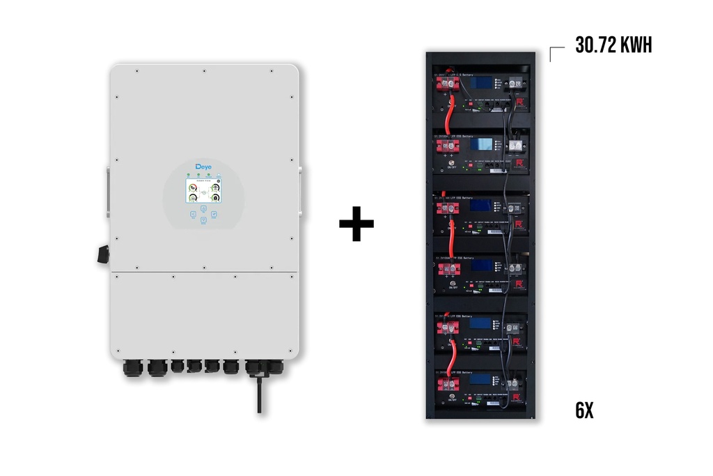 Pakket DEYE 12 kW 3-fase Hybride omvormer + 6x Richaccu opslagbatterijen 30.72kWh